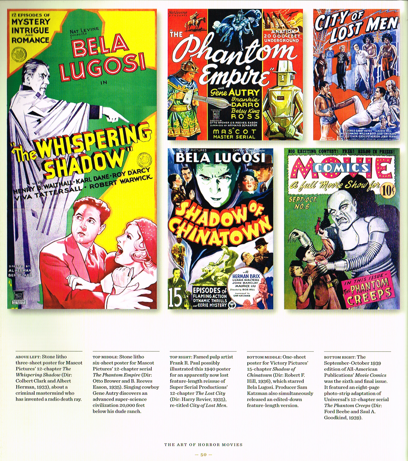 the art of horror movies an illustrated history,art of horror movies,horror movies posters,movie poster, the whispering shadow 1933,phantom empire 1935,lost city 1935,frank r Paul art,shadow of chinatown 1936,phantom creeps 1939 marvel comics
