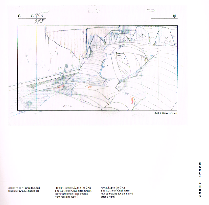 the art of hayao miyazaki,hayao miyazaki artbook,hayao miyazaki art,miyazaki concept art,lupin the 3rd castle of cagliostro layout drawing,lupin injured after fight drawin