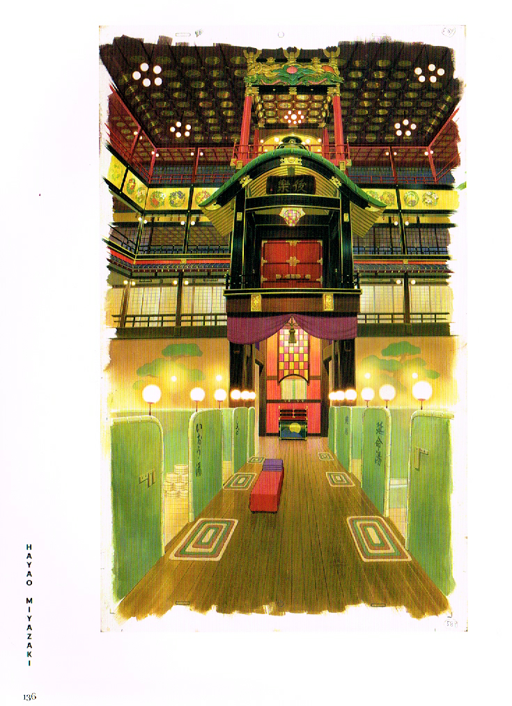 the art of Hayao Miyazaki,hayao Miyazaki art,spirited away concept art,the bath house concept art spirited away,spirited away bath house concept art, bathing quarters art