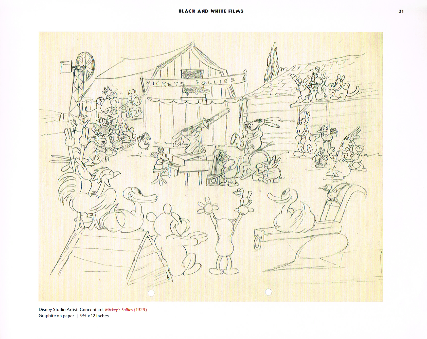 mickey's follies 1929 concept art, mickeys follies art, disney studio art, mickey mouse art, mickey mouse from walt to the world