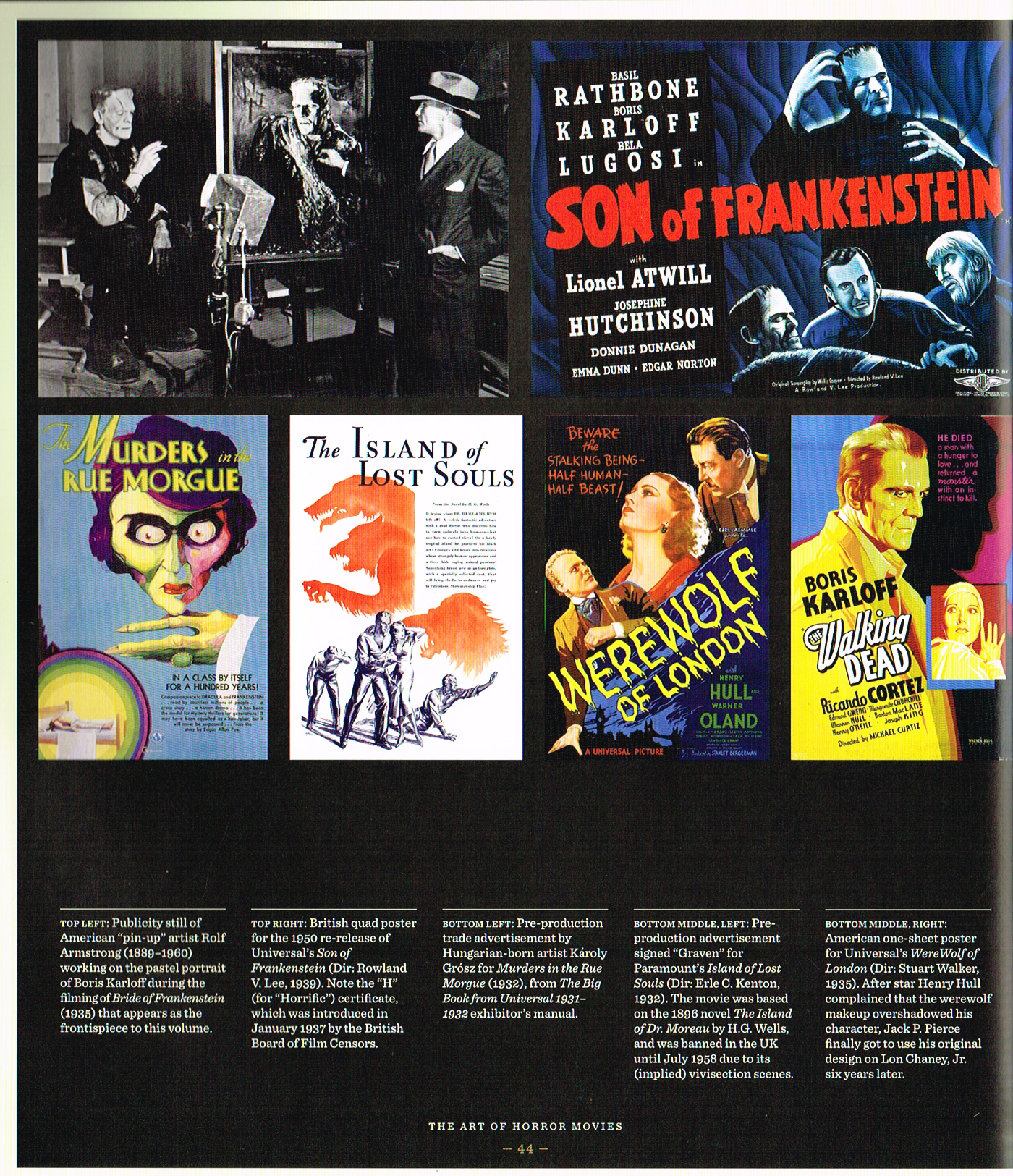 the art of horror movies,art of horror movies an illustrated history,horror movie posters,rolf armstrong painting boris karloff,bride of frankenstein,were wolf in london poster