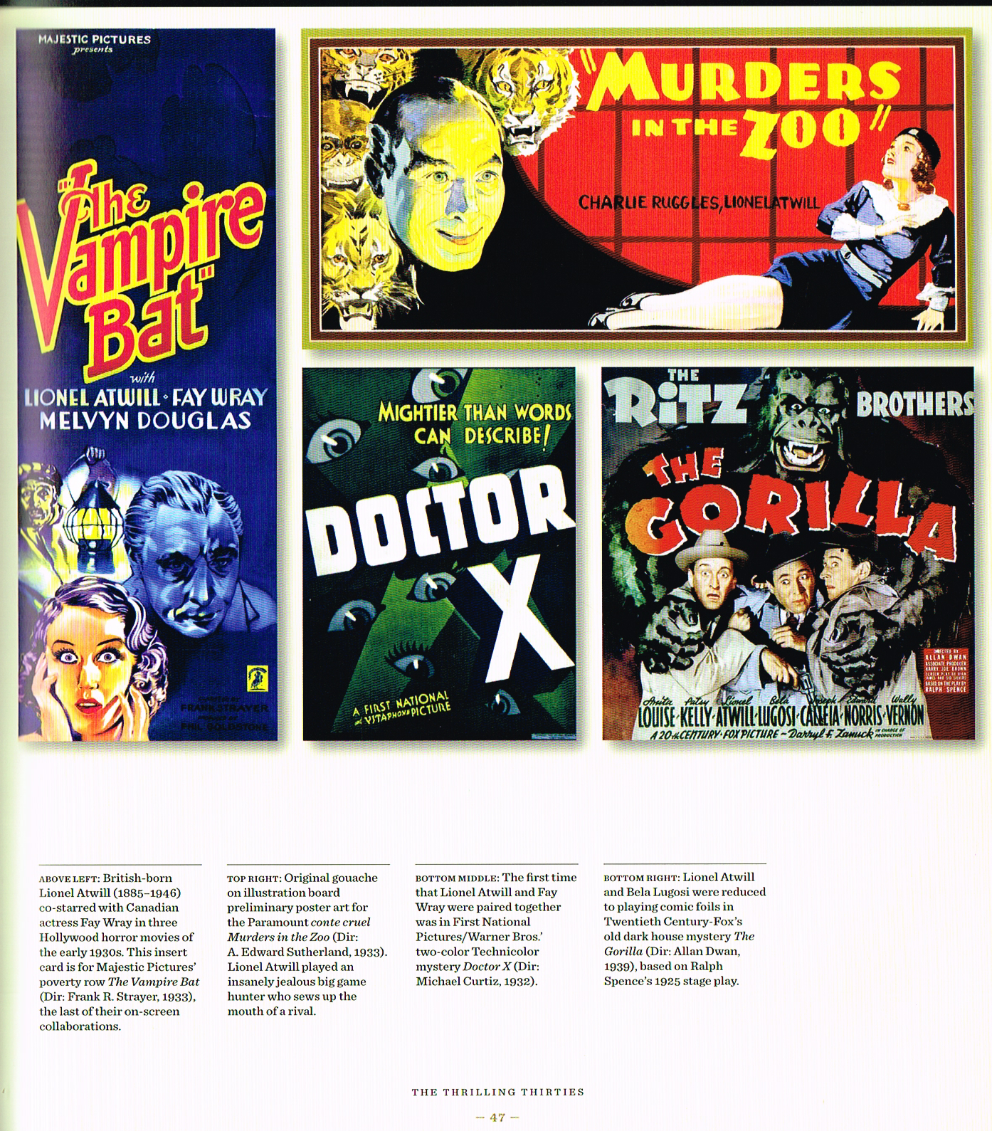 art of horror movies an illustrated history,art of horror movies,horror movies posters,the vampire bat 1933 poster,conte cruel murders in the zoo 1933 poster,doctor x 1932 poster,the gorilla 1939 poster