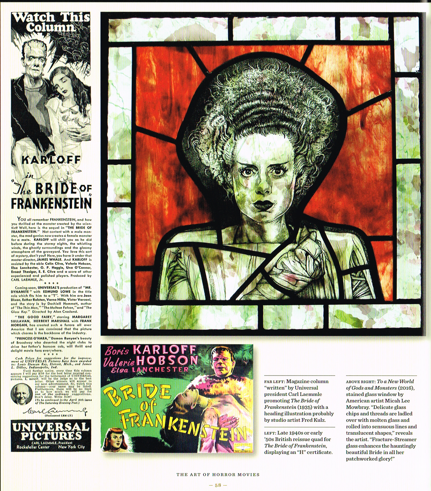the art of horror movies an illustrated history,art of horror movies,horror movies posters,movie poster,fred kulz art,bride of frankenstein 1935,bride of frankenstein stained glass window Micah lee mowbray,micah lee mowbray art