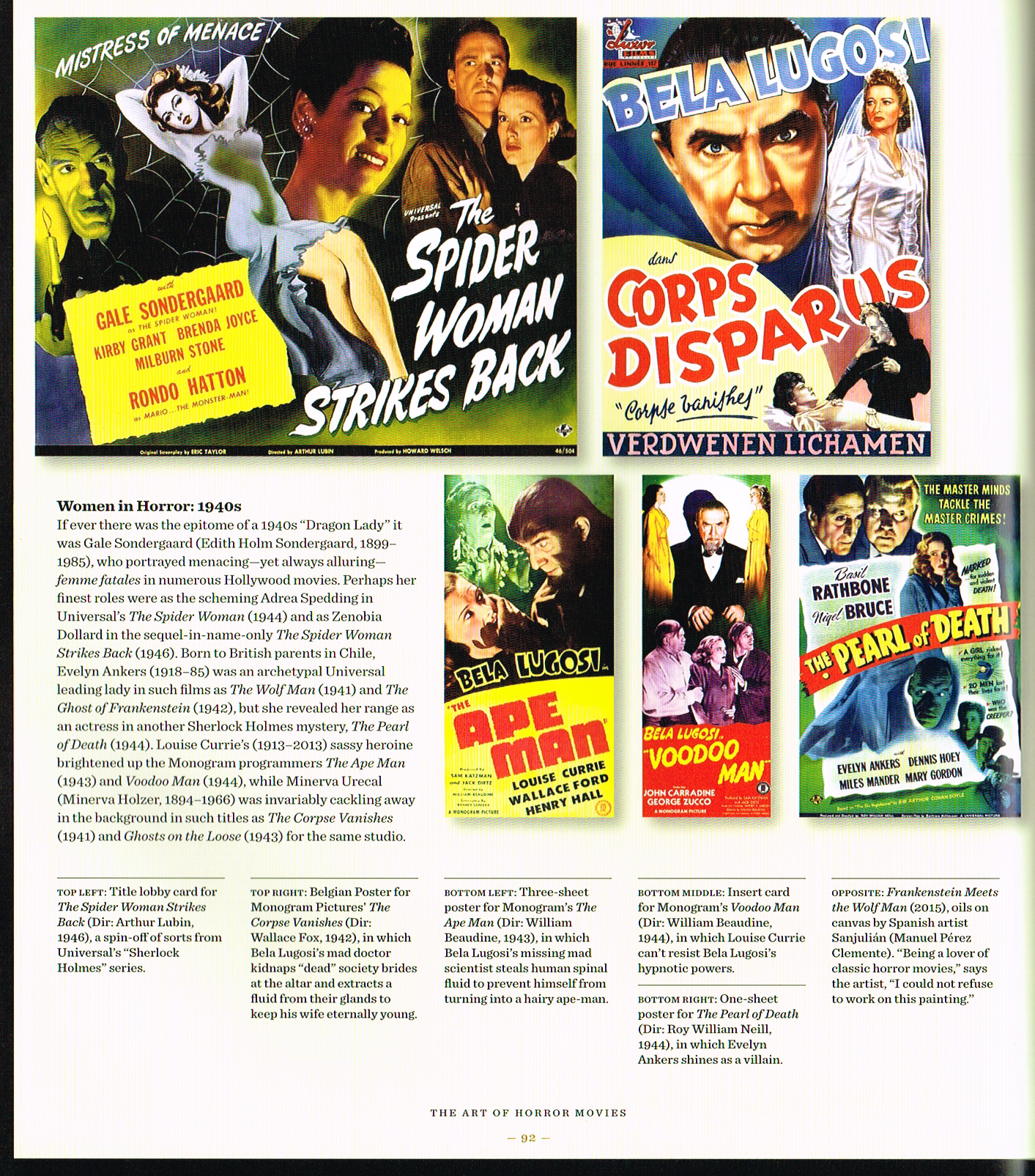 the art of horror movies an illustrated history,the art of horror movies,horror movie posters,the spider woman strikes back 1946,the corpse vanishes 1942,the ape man 1943,voodoo man 1944,the pearl of death 1944