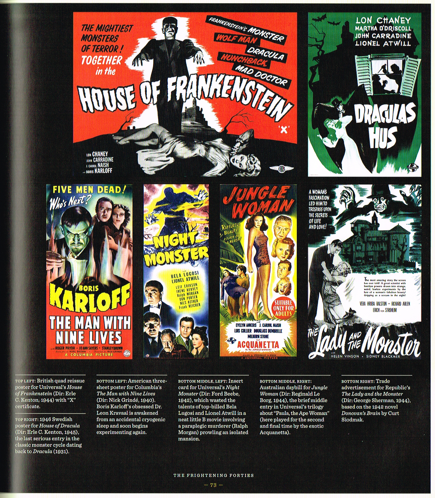 the art of horror movies an illustrated history, art of horror movies, horror movies poster art,house of Frankenstein 1944,house of Dracula 1945,the man with nine lives 1940,night master 1942,jungle woman 1944,the lady and the monster 1944