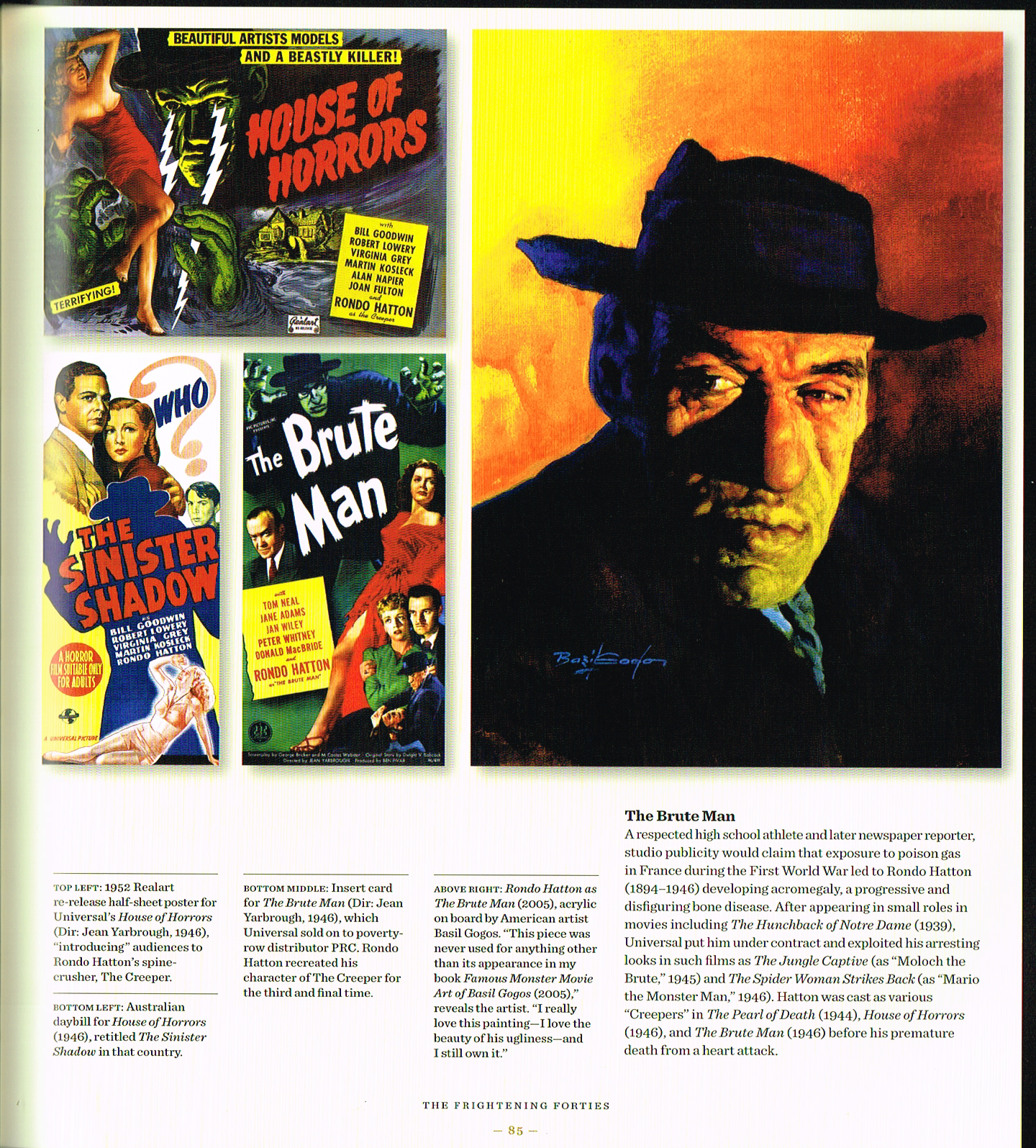 the art of horror movies,art of horror movies and illustrated history,horror movie posters,movie poster art,house of horror 1946,the brute man 1946,the brute man acrylic on board by basil gogos 2005