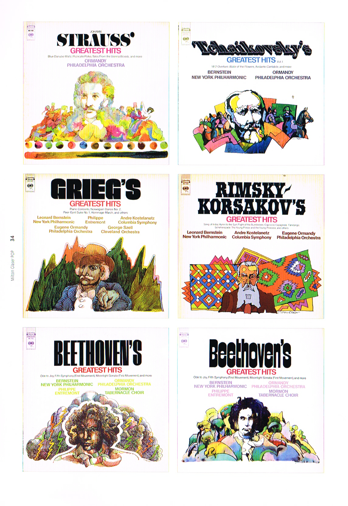 pop milton glaser, the art of milton glaser,milton glaser pop,classical music portraits,beethoven,tchaikovsky,strauss,grieg