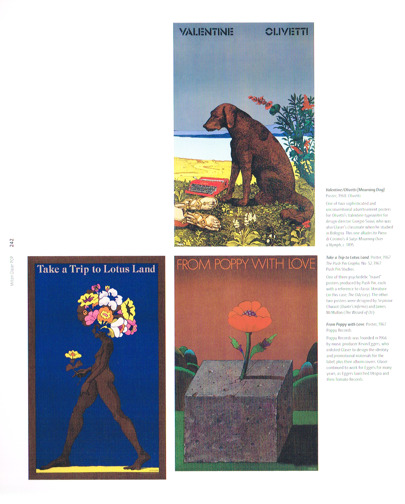 pop milton glaser,the art of milton glaser,valentine olivetti mouring dog poster 1968,take a trip to lotus land poster 1967,from poppy with love 1967,milton glaser poster art