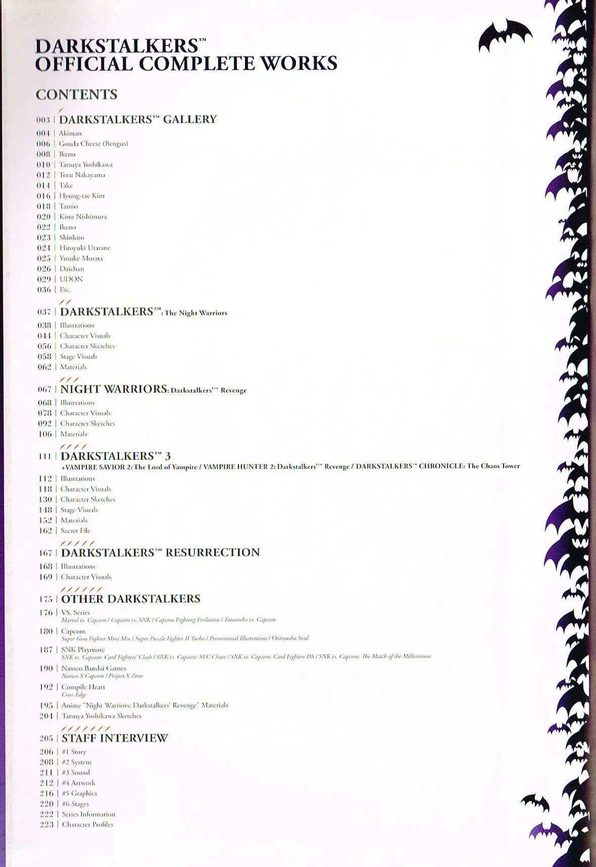 the art of darkstalkers,darkstalkers official complete works,darkstalkers concept art, contents page