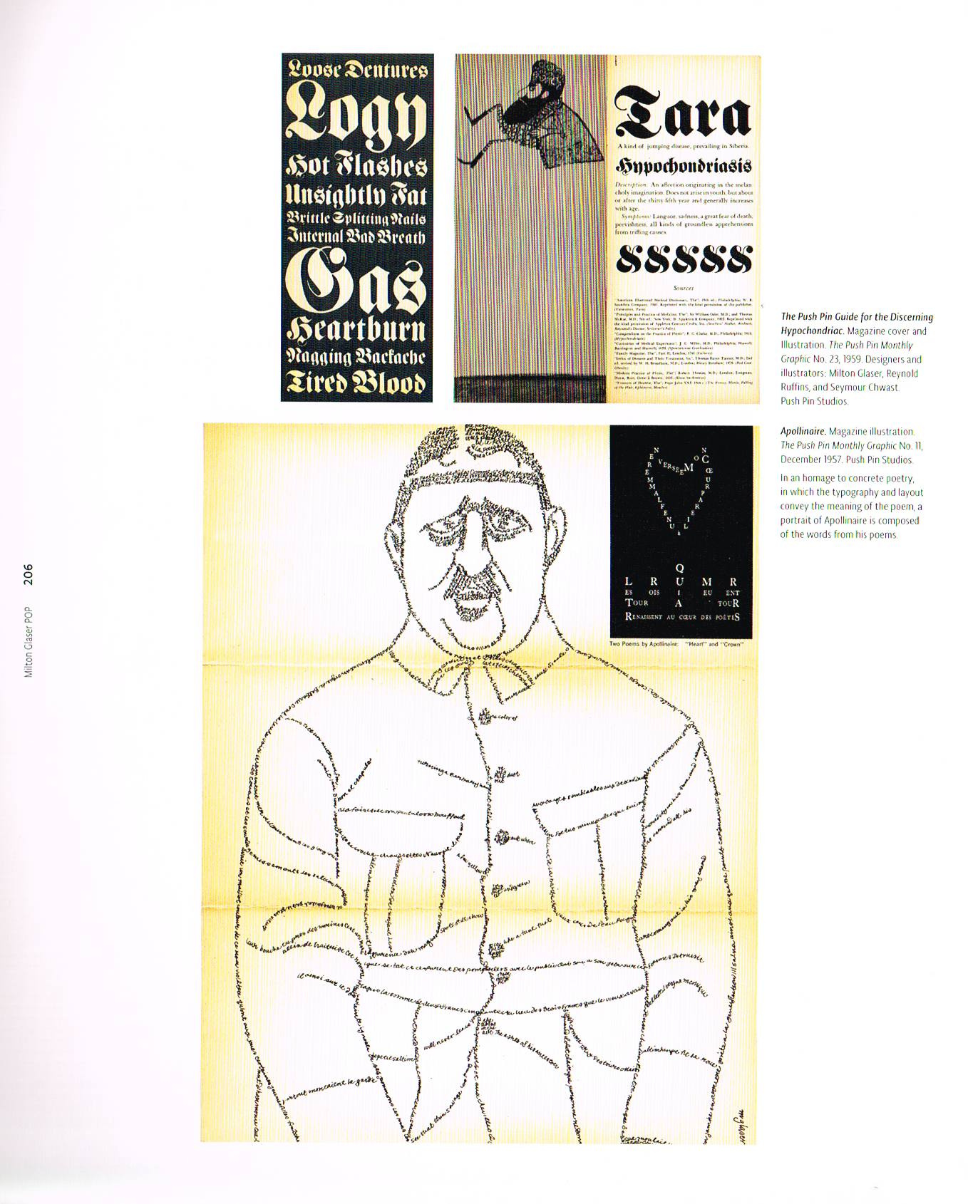 the art of Milton Glaser,pop Milton Glaser,milton Glaser art,milton Glaser poster, the push pin guide for the discerning hypochondriac 1959 cover,apollinaire magazine illustration 1957,