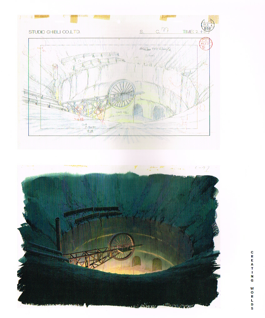 hayao miyazaki art, the art of hayao Miyazaki,hayao Miyazaki concept art, castle in the sky art,castle in the sky layout drawings, castle in the sky concept art,castle in the sky sheeta falling into mine
