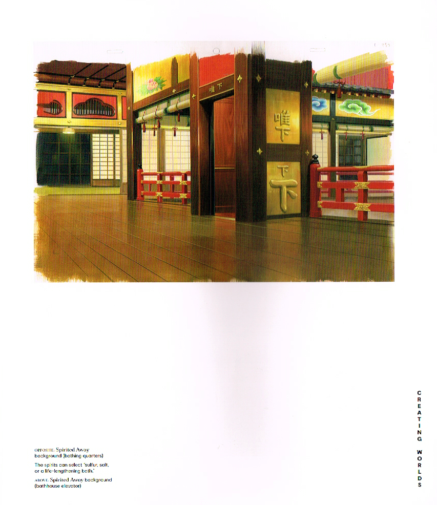 the art of Hayao Miyazaki,hayao Miyazaki art,spirited away concept art,the bath house concept art spirited away,spirited away bath house concept art, bath house elevator art