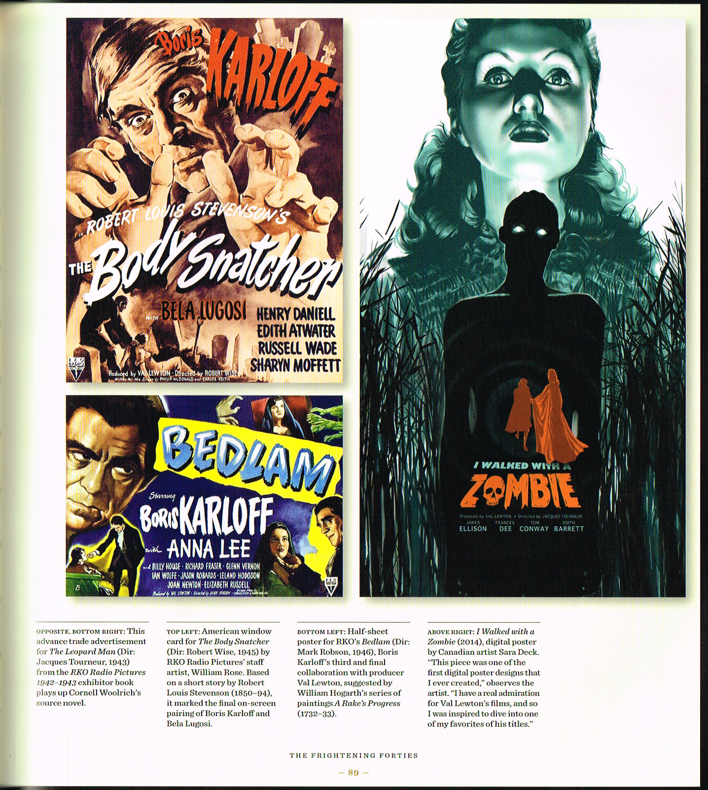 the art of horror movies an illustrated history,the art of horror movies,horror movie posters,body snatcher 1945,bedlam 1946,sara deck 2014 illustration i walked with a zombie