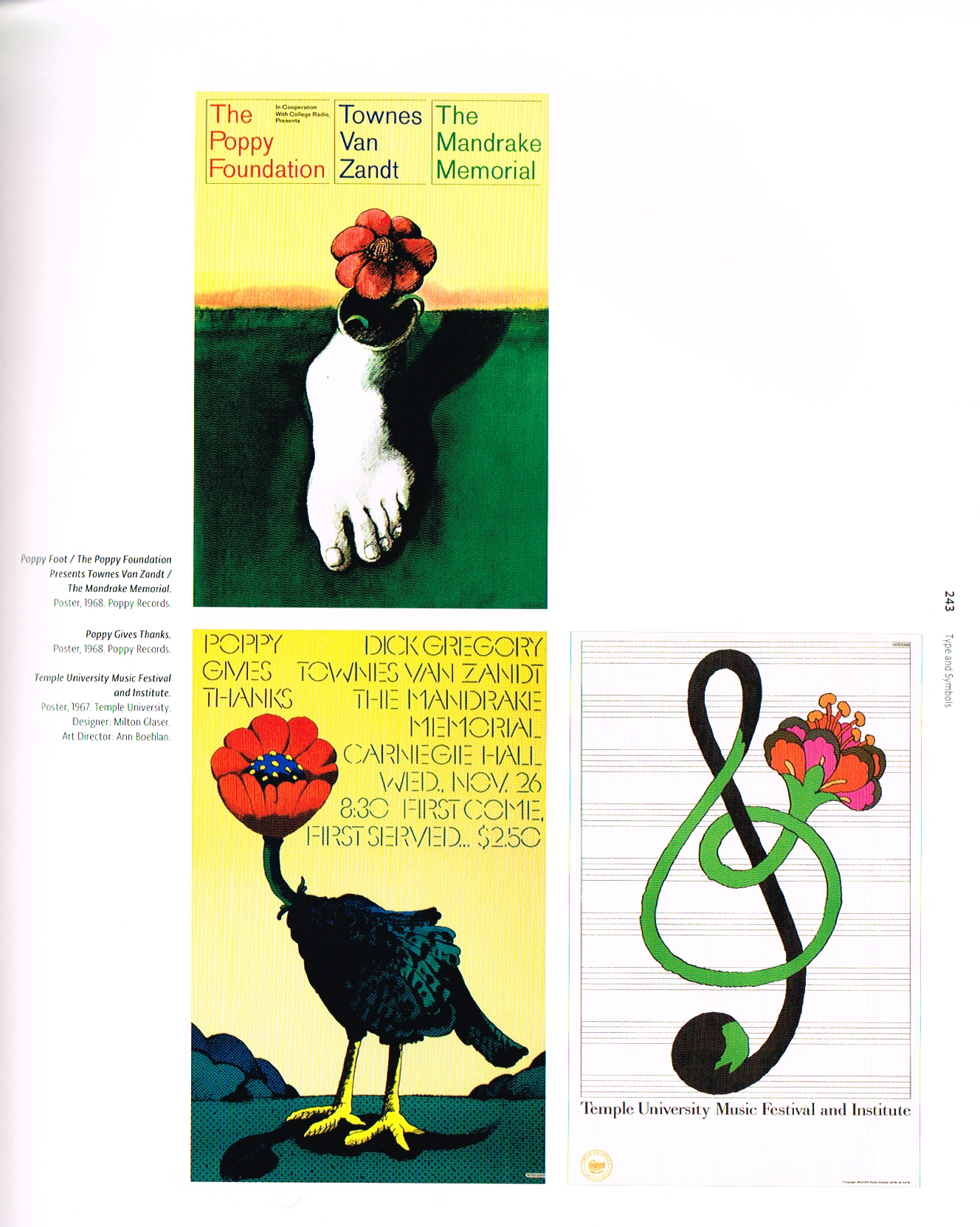 pop milton glaser,the art of milton glaser,poppy feet the poppy foundation presents Townes van zandt the mandrake memorial poster 1968,poppy gives thanks poster 1968,temple university music festival and institute poster 1967