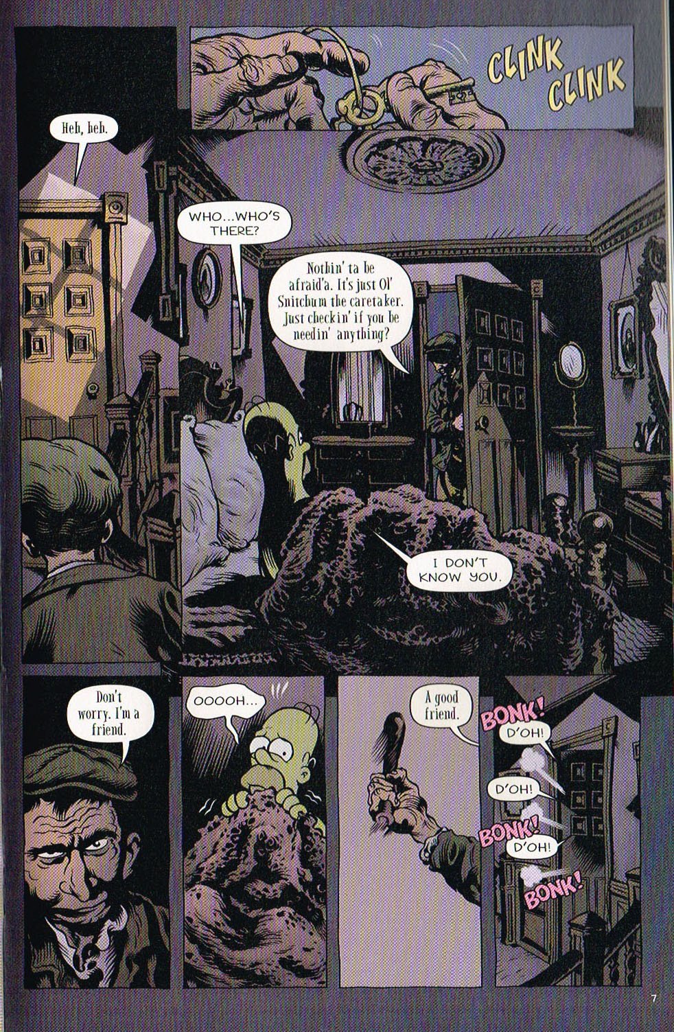 the art of Simpsons,bart Simpsons tree house of horror comic 7,tree house of horror comic,homererectus comic,troy nixey,dave stewarts,karen baiter,bill morrison,matt groening