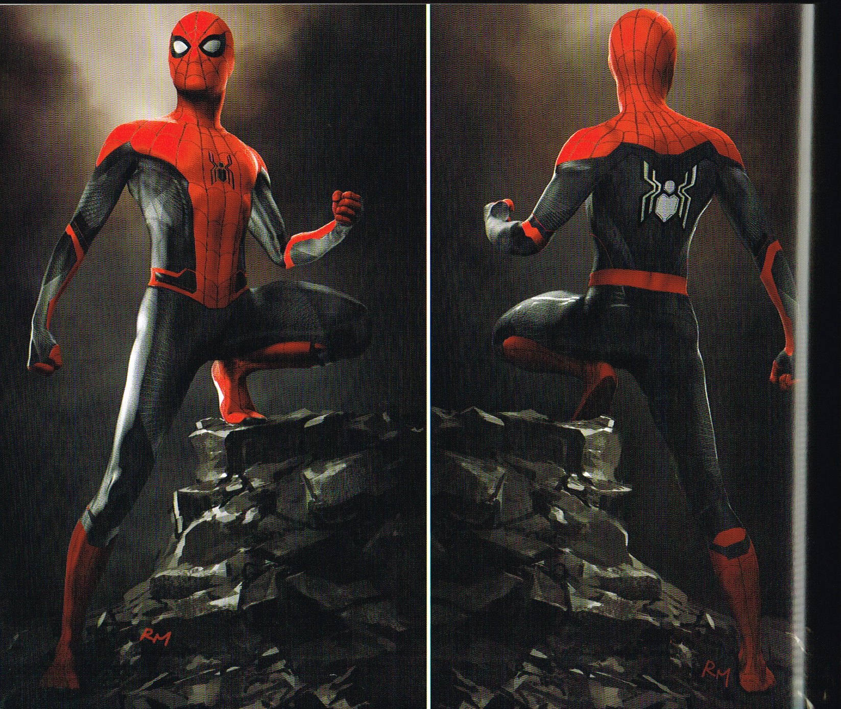 the art of spiderman far from home,spiderman far from home concept art,tom holland spiderman art,spiderman production art,ryan meinerding