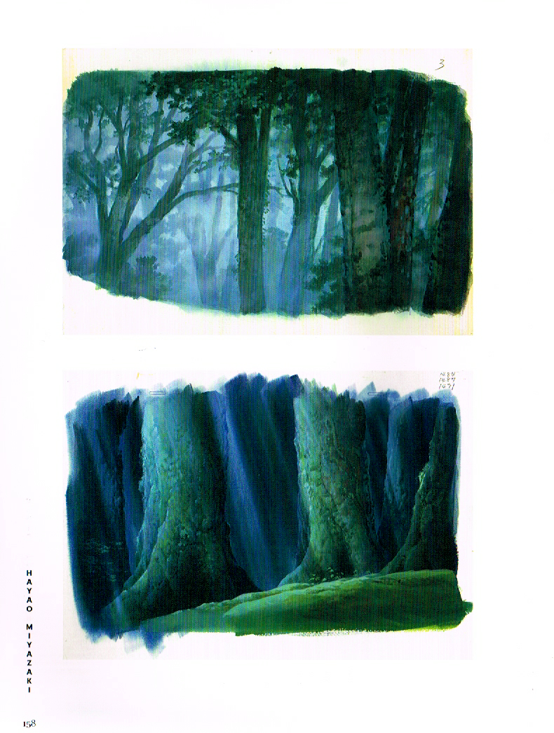 the art of hayao miyazaki,hayao miyazaki,princess mononoke,princess mononoke concept art,miyazaki imageboards,deer god princess mononoke,kodama tree spirits,primevak beech forest concept art