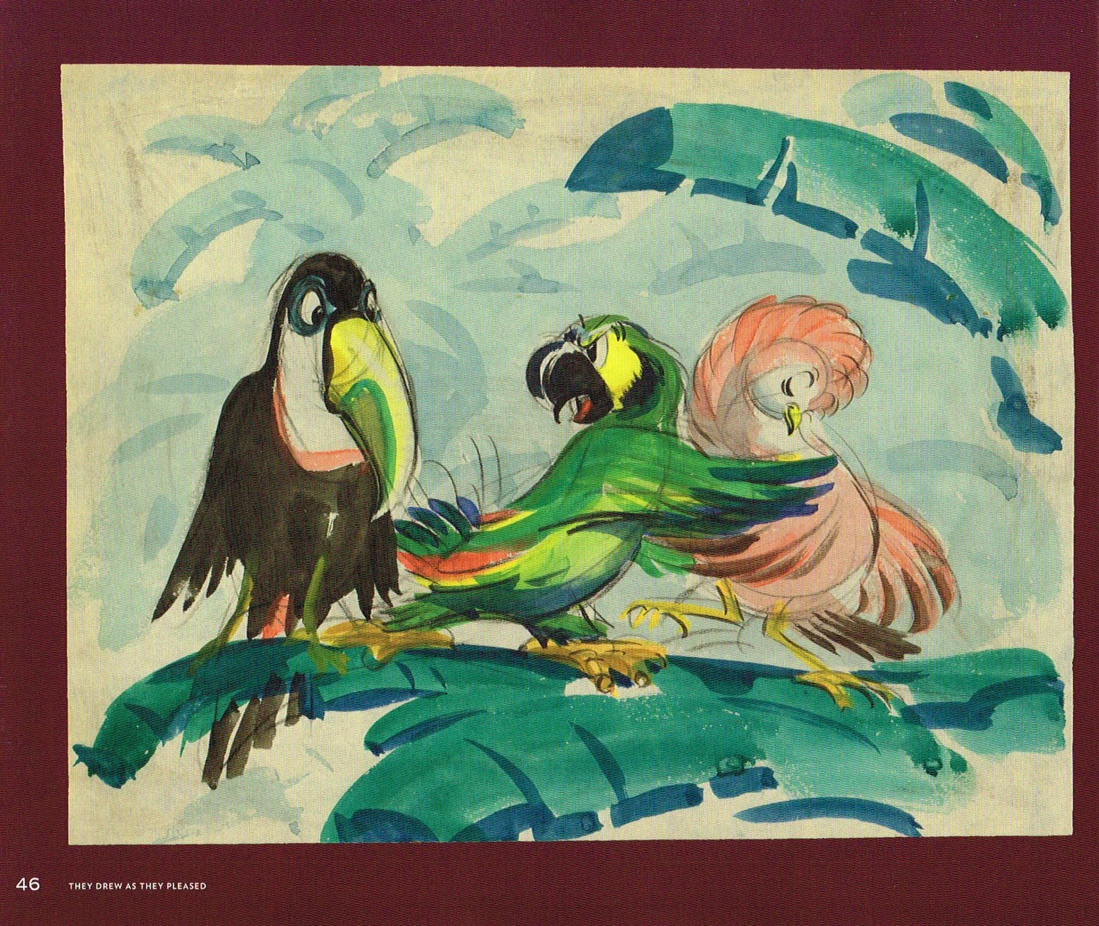 the art of lee blair,disney water color art lee blair,lee blair art,they drew as they pleased the hidden art of disneys mid century era the 1950s and 1960s,two bids of paradise lee blair art,saludos amigos concept art lee blair,lee blair concept art