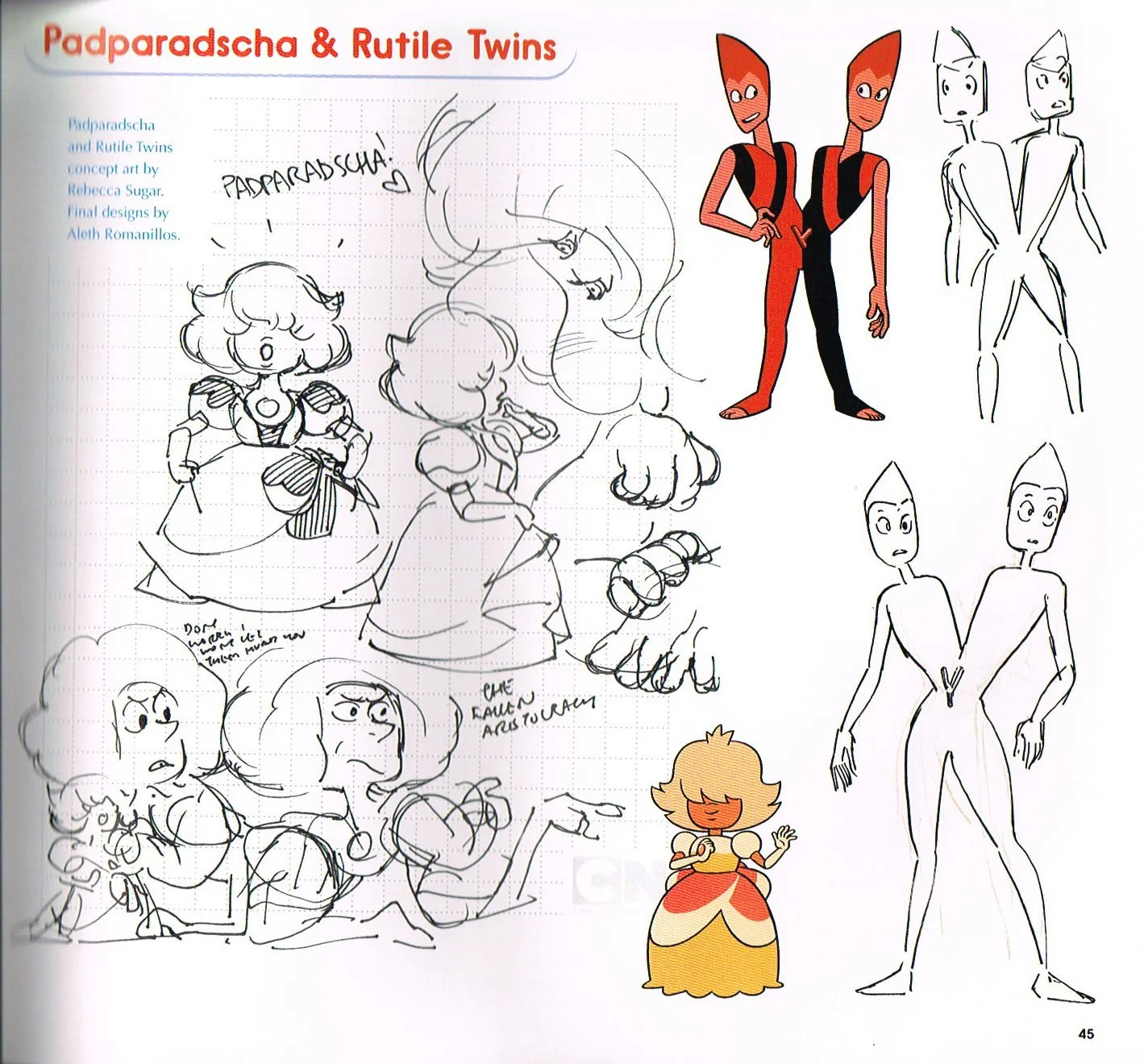 the art of steven universe,steven universe end of an era art book,steven universe concept art,rebecca sugar,padparadscha concept art,rutile twins concept art,aleth romanillos