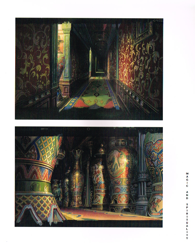 the art of hayao miyazaki,hayao miyazaki artbook,hayao miyazaki art,miyazaki concept art,spirited away background art,hallway leading to yababas quarters,yababas quarters art