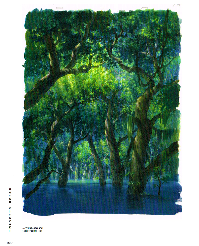 the art of hayao miyazaki,hayao miyazaki,hayao miyazaki concept art,studio ghibli art,ponyo concept art,ponyo submerged forest