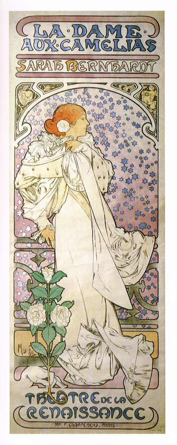 alphonse mucha,alphonse mucha poster art,the poster a visual history,art nouveau poster,la dame auc camelias sarah nernhardt, sarah bernhardt poster,gismonda 1894,colour lithograph alphone mucha,la dame aux camelias sarah bernhardt