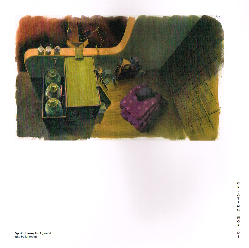the art of Hayao Miyazaki,hayao Miyazaki art,spirited away concept art,the bath house concept art spirited away,spirited away bathhouse boiler room concept art, boiler room concept art spirited away