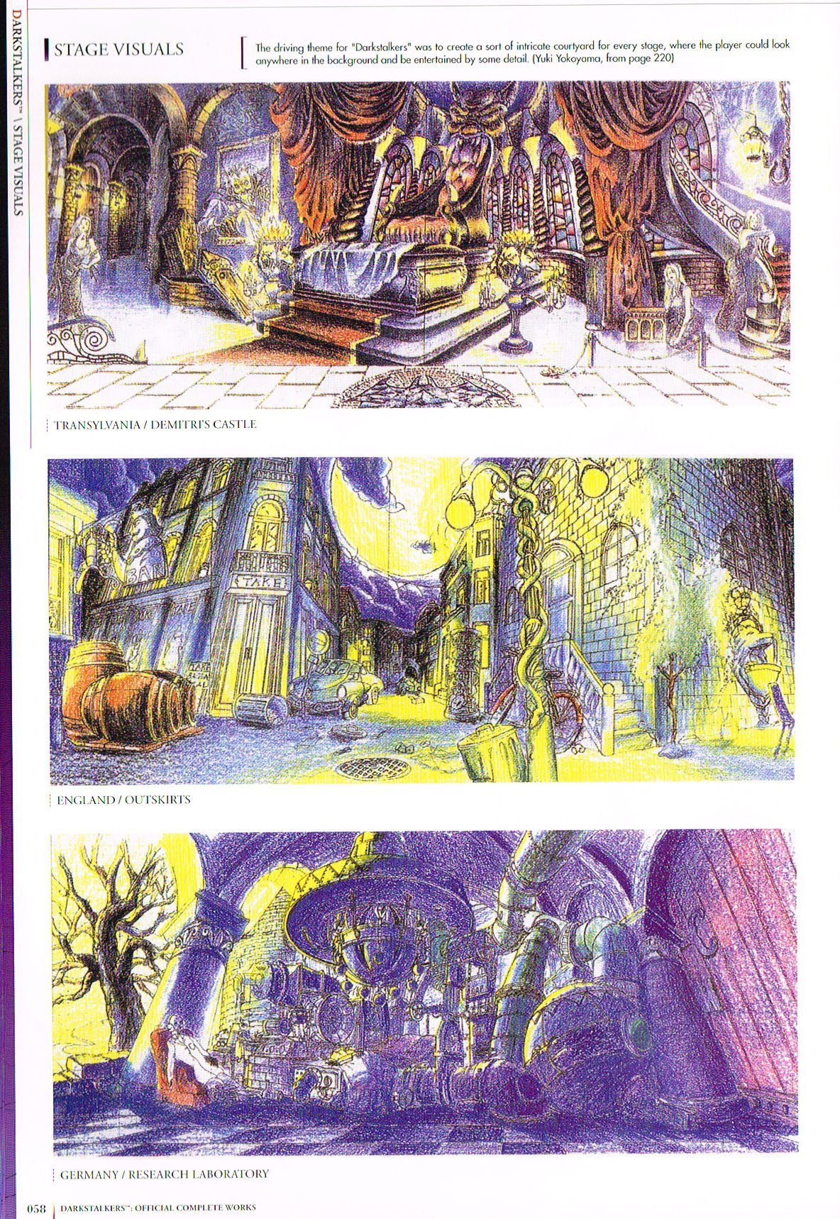 the art of darkstalkers,darkstalkers official complete works book,darkstalkers concept art,darkstalker background art,background concept art darkstalkers yuki yokoyama,yuki yokoyama art