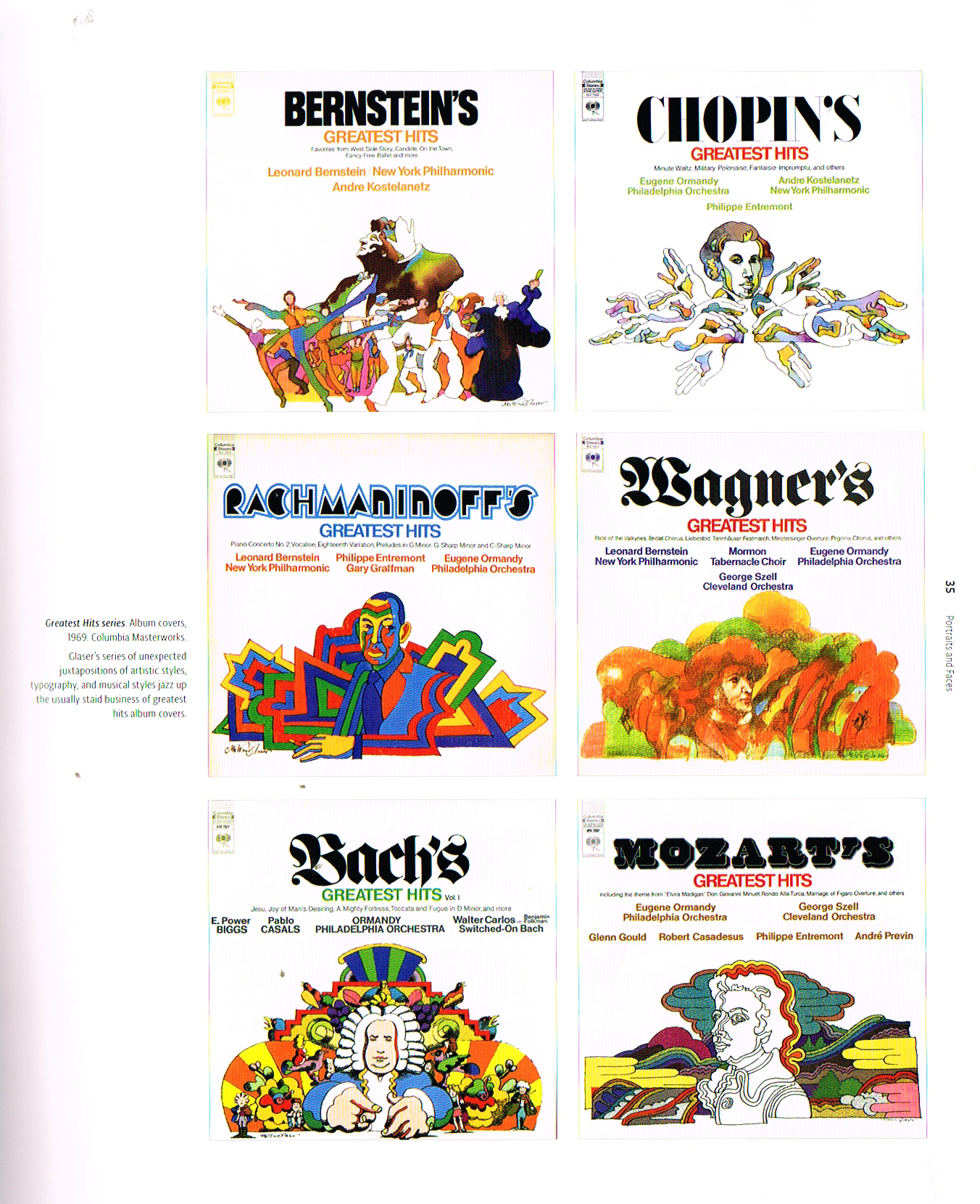 pop milton glaser, the art of milton glaser,milton glaser pop,back greatest hits,mozart greatest hit album cover,chopin portraits,bernstein album cover