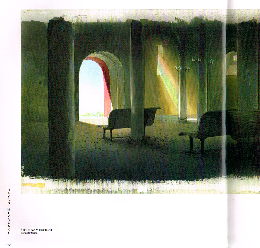 the art of hayao miyazaki,hayao miyazaki artbook,hayao miyazaki art,miyazaki concept art,spirited away background tunnel interior,spirited away background art