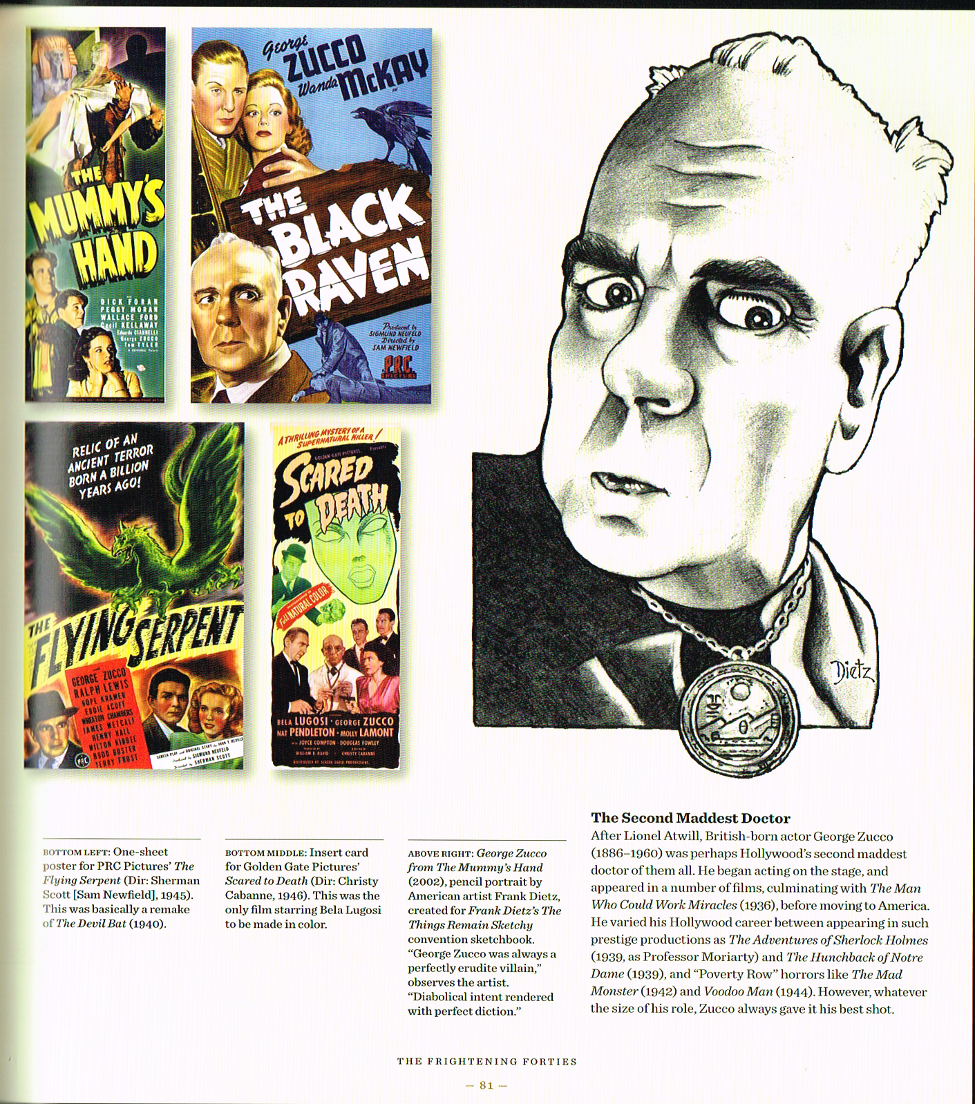 the art of horror movies,art of horror movies and illustrated history,horror movie posters,movie poster art,the mummys hand 1943,the black raven 1943,the flying serpent 1945,scared to death 1946,george zucco drawing frank dietz,frank dietz