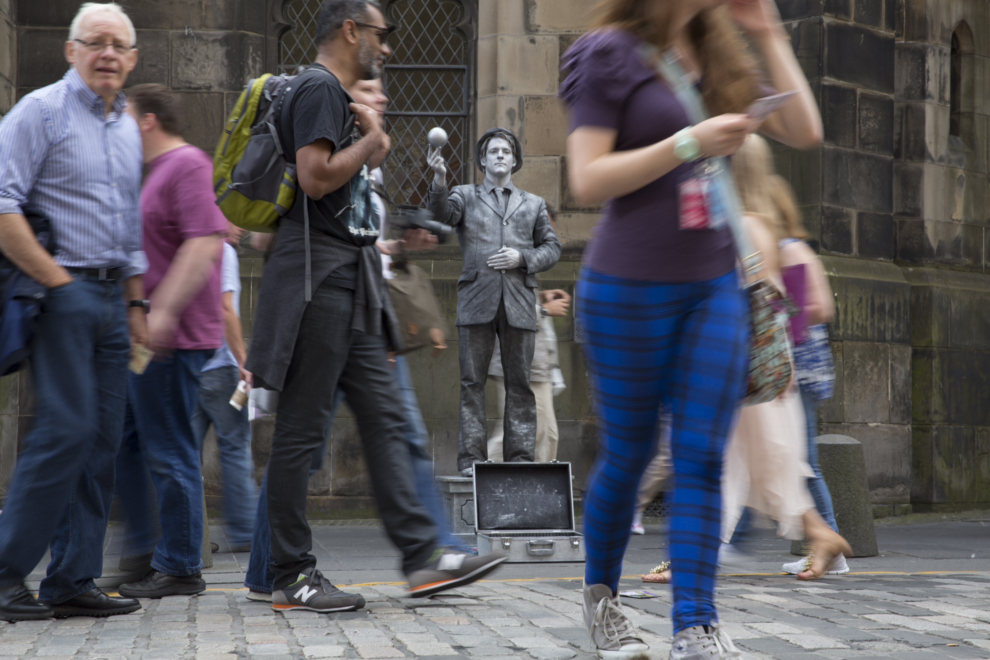  John Godbolt, from Bristol, England, stands in front of St. Giles Cathedral on the Royal Mile during the 2014 Edinburgh Festival of the Fringe in Edinburgh, Scotland.    