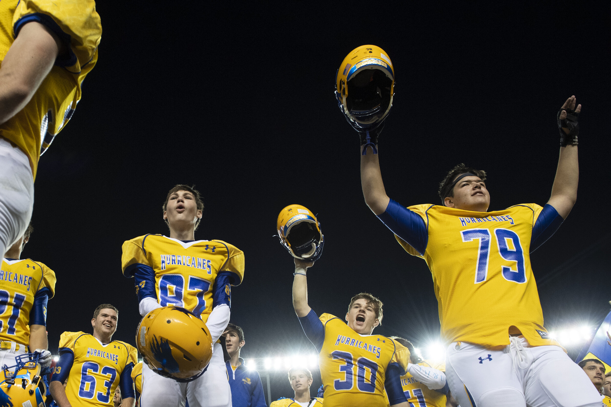  Wren High School football players celebrate after singing with fans following their win of the Class AAAA state championship at Williams-Brice Stadium in Columbia Saturday, Dec. 7, 2019. (The Greenville News) 