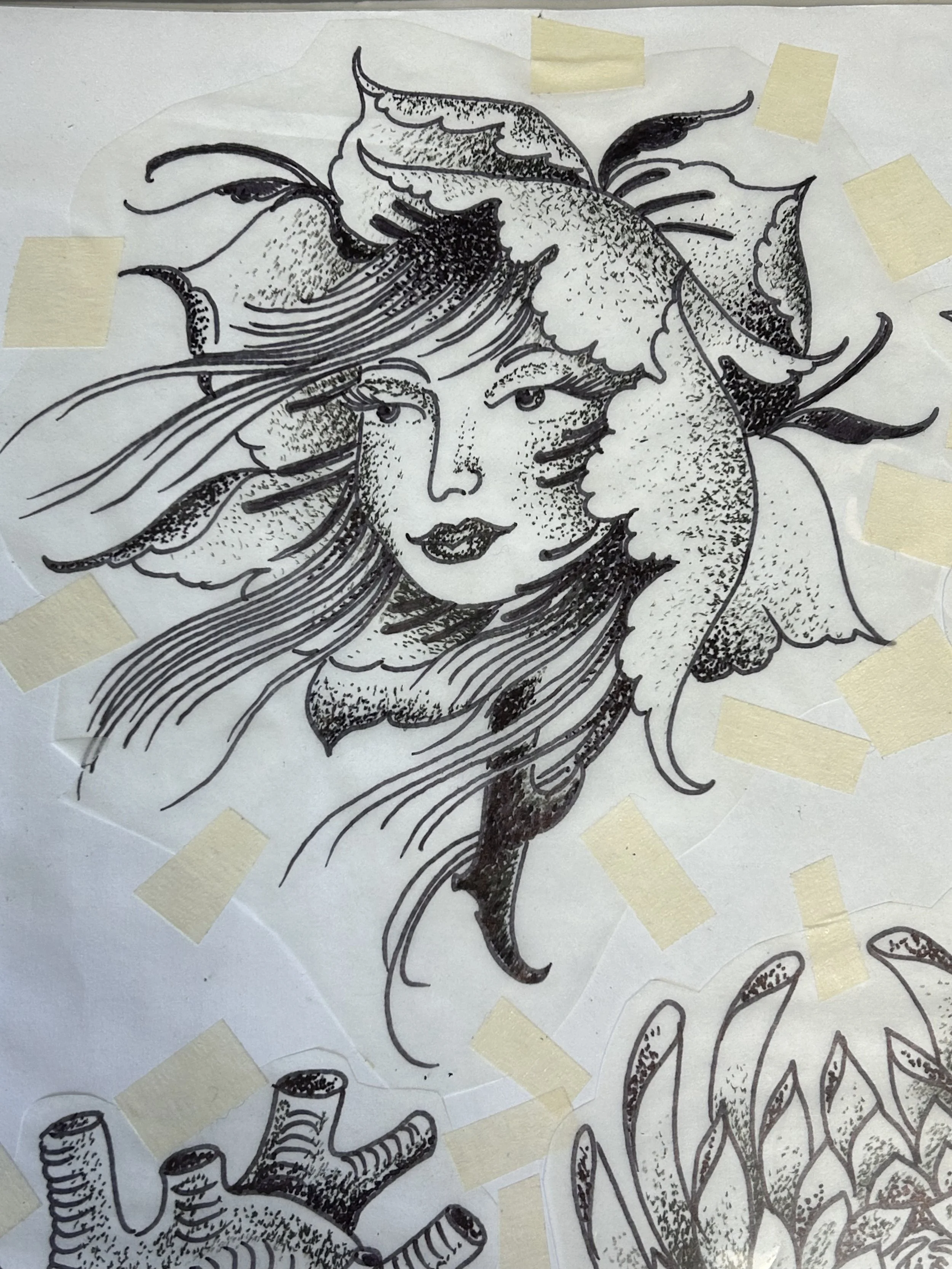 Hand-drawn illustration of a woman with flowing hair and leaves around her face, resembling a fantasy or mythical character.