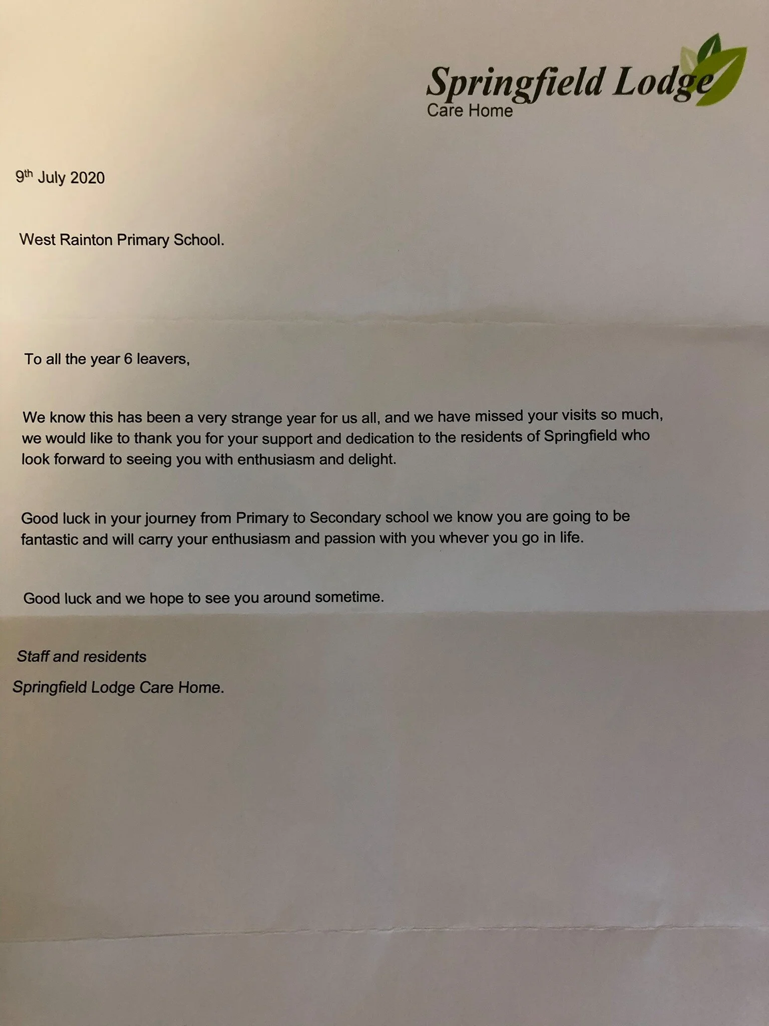 Well wishes to West Rainton Primary School 