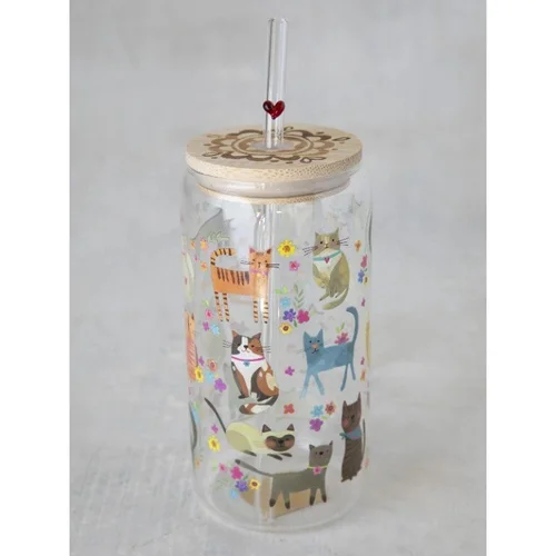 Glass Tumbler Cats with Lid and Straw