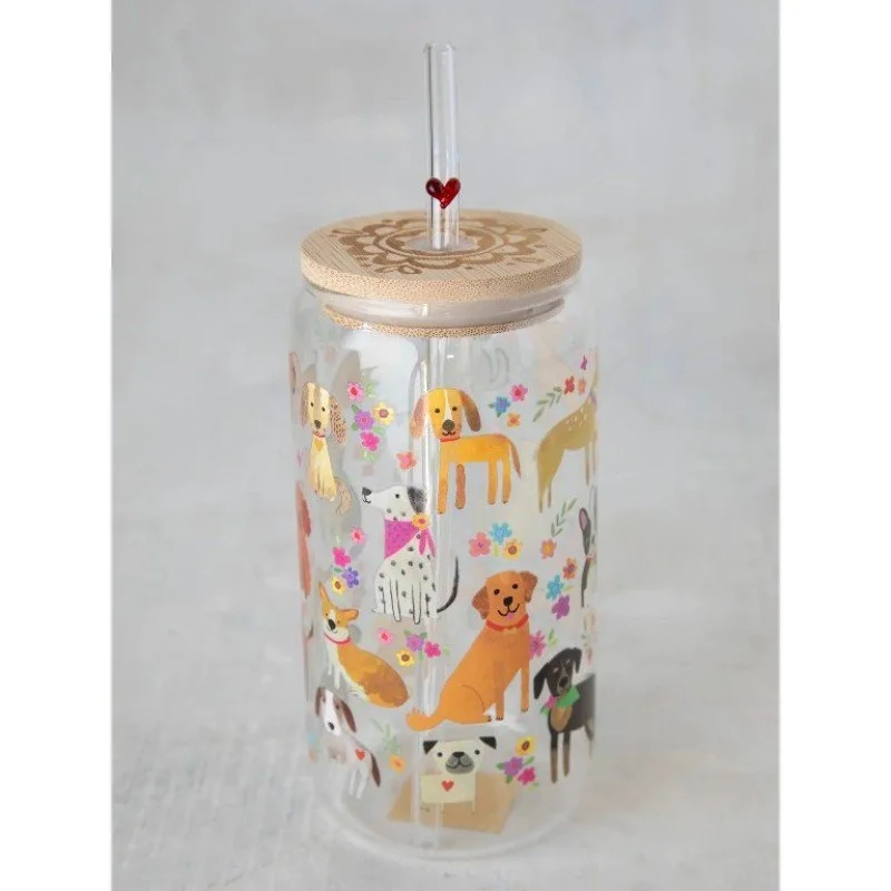 Glass Tumbler Dogs with Lid and Straw