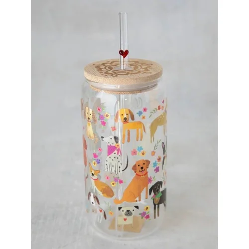 Glass Tumbler Dogs with Lid and Straw