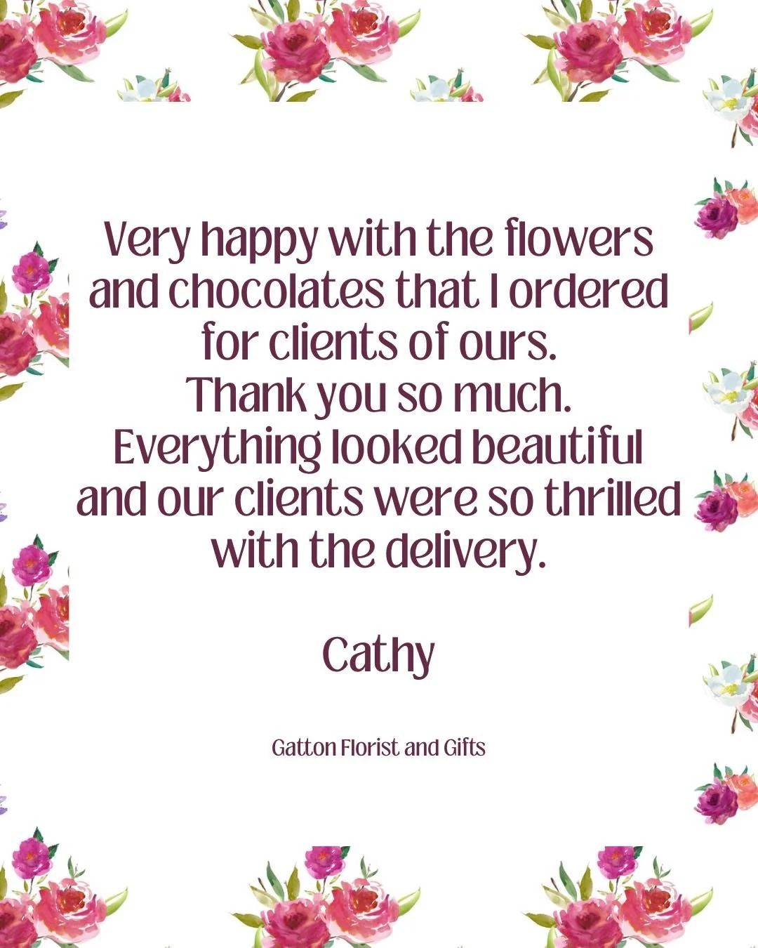 We&rsquo;re so grateful for this lovely feedback! 
Thank you for trusting us to create something special for your clients &mdash; we&rsquo;re thrilled to hear they loved their flowers and treats just as much as you did. 🌸

Making people smile with f