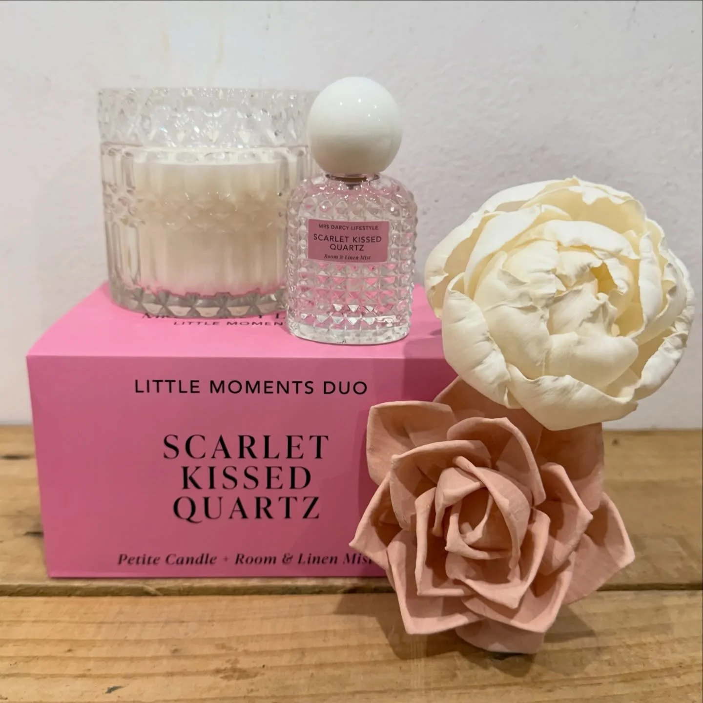 Mrs Darcy Little Moments Duo Gift Sets are a beautiful boxed gift set including a Petite Candle and Room Spray in matching fragrances.

They are available in 4 new fragrances - Champagne Diamond, Sugar Aura, Scarlett Kissed Quartz and Golden Glowston