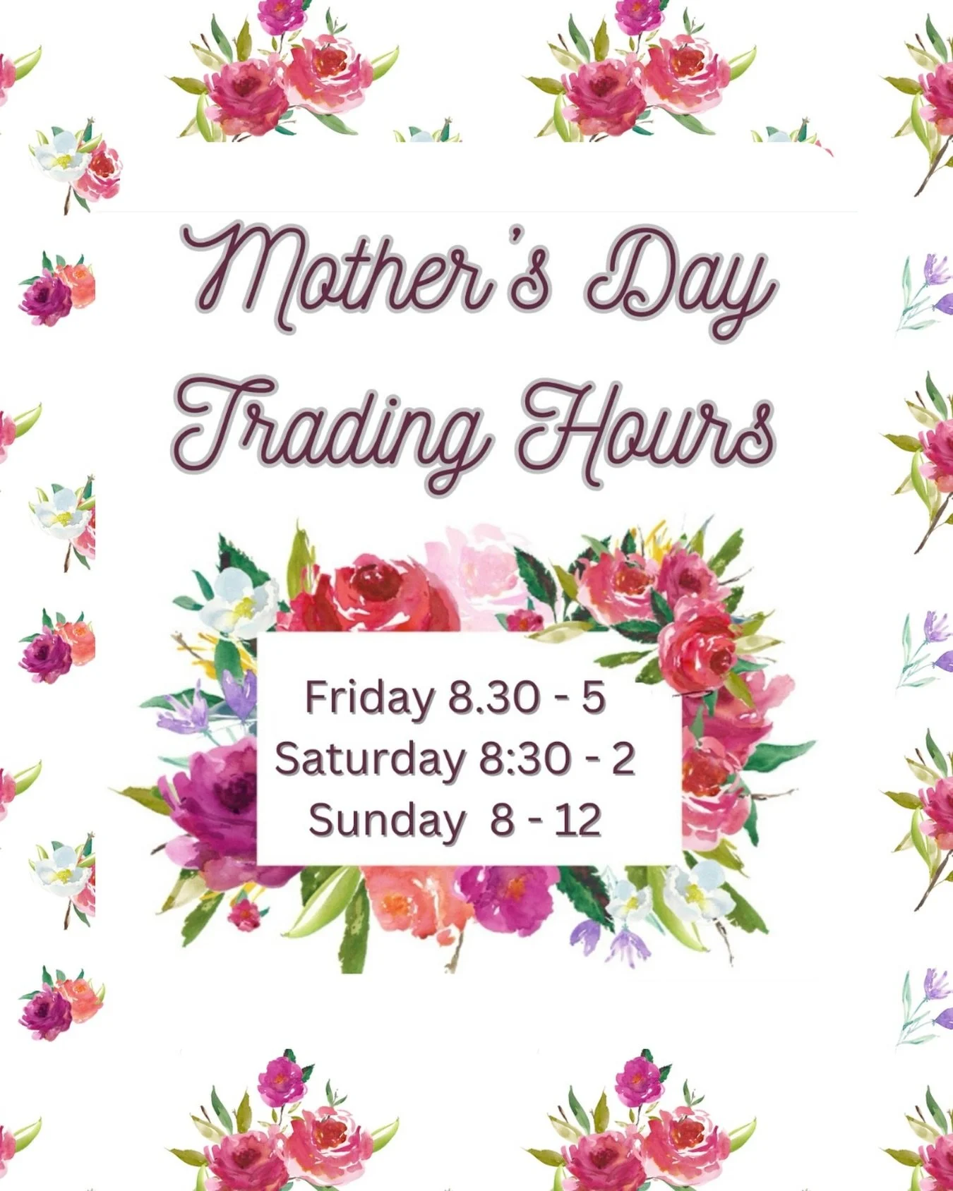 In case you missed it, Mother&rsquo;s Day is this Sunday ! 👸 💐

🌸Extended Trading Hours 🌸
Friday 8.30 - 5
Saturday 8.30 - 2
Sunday 8-12

💐 Due to the large volume of pre orders, ( thank you 🙏) fresh flower custom pre orders are now closed. 

We
