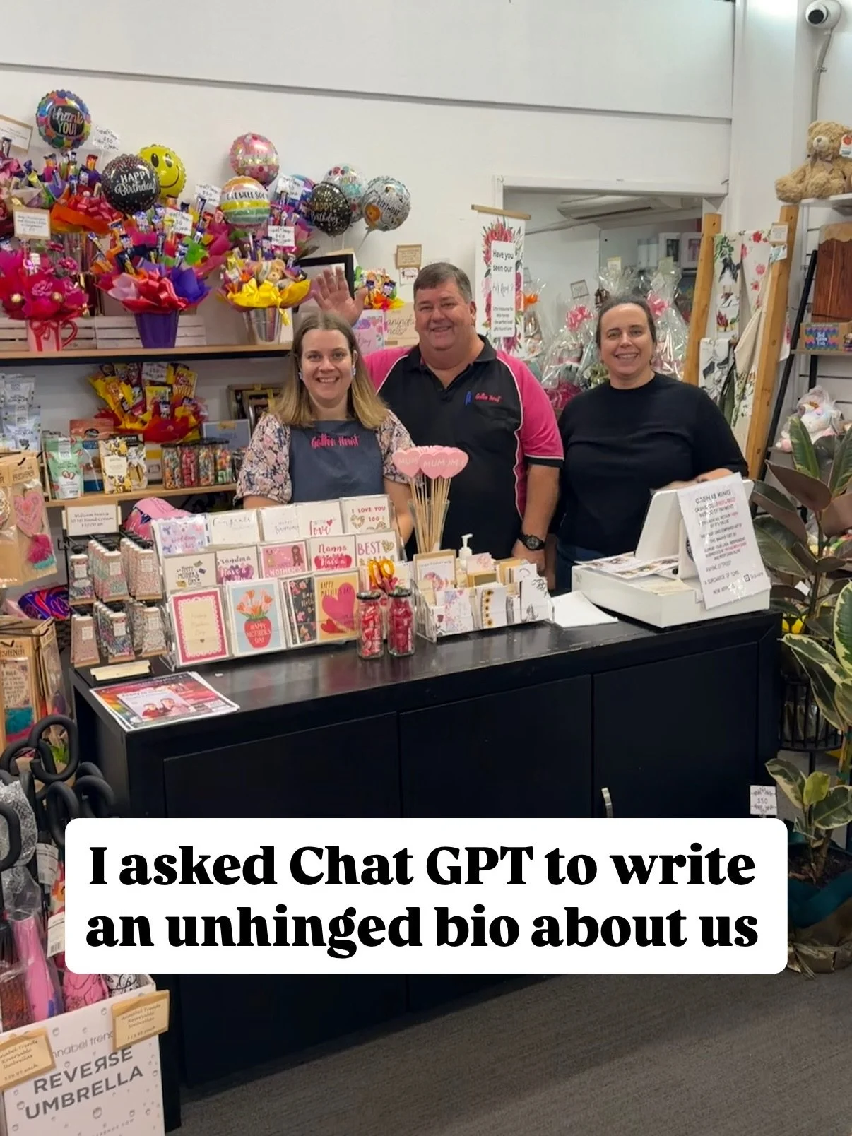 I asked Chat GPT to write an unhinged bio about us &hellip;

Gatton Florist &amp; Gifts 🌸
Small town flower shop. Big chaos energy.

Running on coffee, hot glue, and last-minute &ldquo;can you make something up for me?&rdquo; requests.
Creating bouq