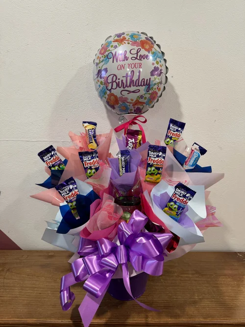 Happy Birthday Edible Arrangement with Boiled Lollies and Air Filled Balloon