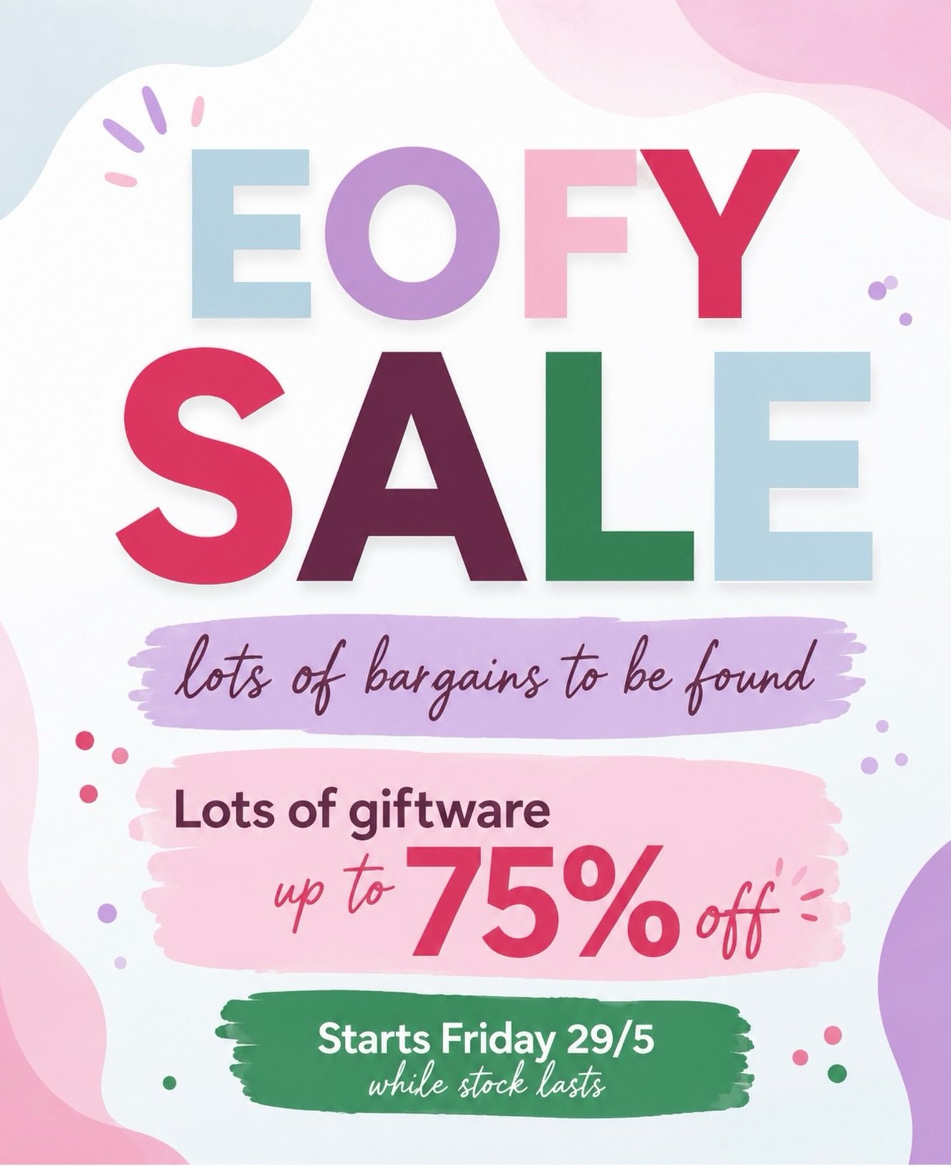 EOFY SALE starts Friday 29/5 ✨

Lots of bargains to be found in store with giftware up to 75% OFF 🙌🏼

The perfect time to grab a little something for yourself, a gift for someone special, or stock up on your favourites before they&rsquo;re gone.

S