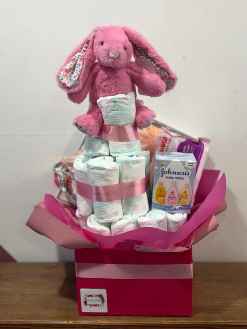Deluxe Baby Girl Floral Bunny Nappy Cake