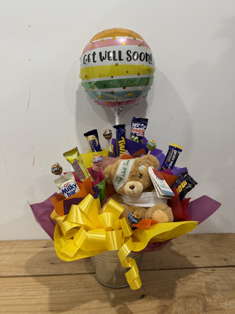 Get Well Arrangement with a Air Filled Balloon and Bear