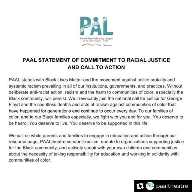Repost from @paaltheatre
&bull;
PAAL stands with Black Lives Matter and the movement against police brutality and systemic racism prevailing in all of our institutions, governments, and practices. Without deliberate anti-racist action, racism and the