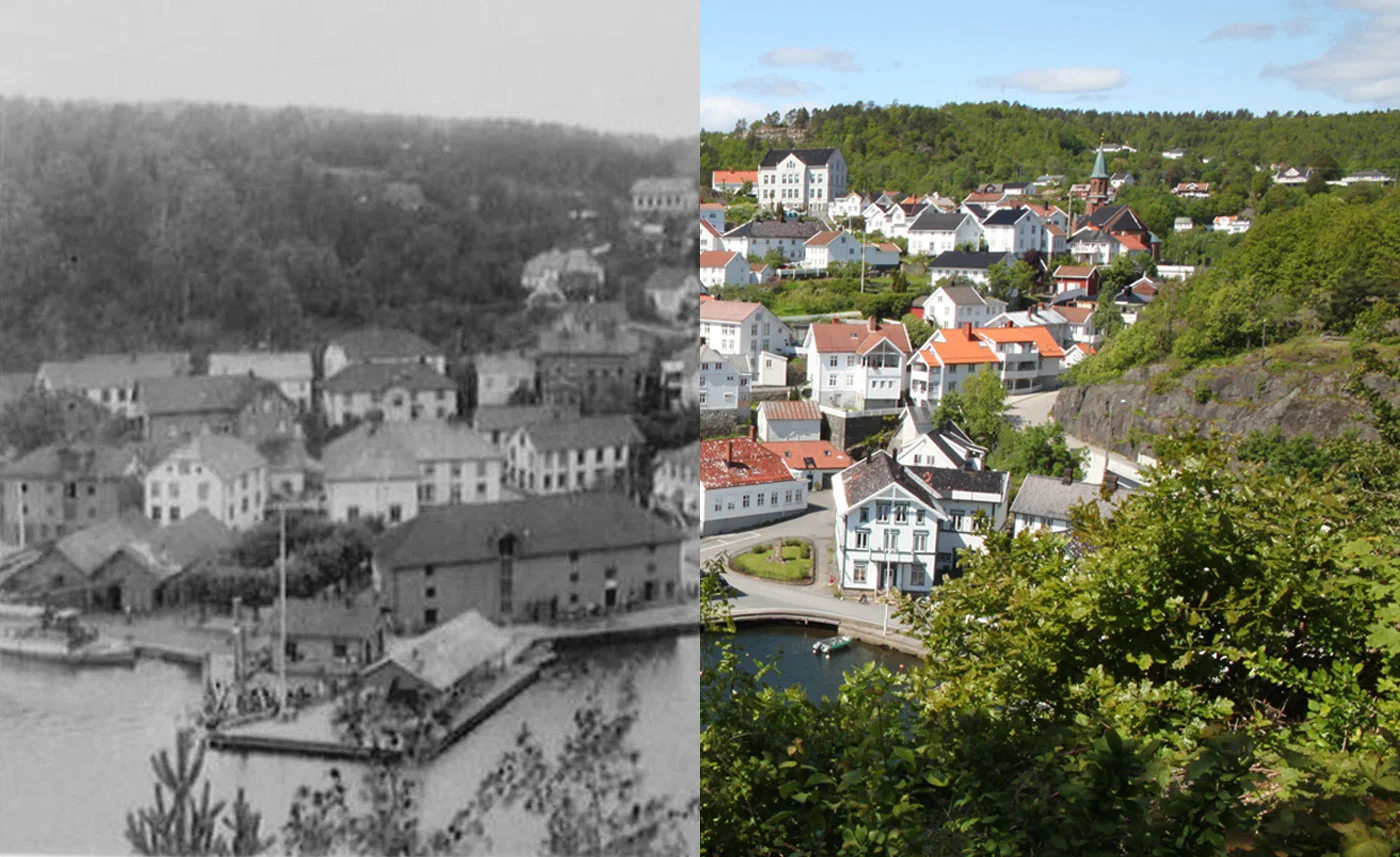 Tvedestrand Havn i 1912 og 2015. Foto: Wilse/Ida Monrad Haugen.