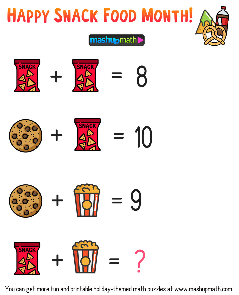 Free Math Brain Teaser Puzzles For Kids In Grades 1-6 To Celebrate Snack Food Month! — Mashup Math