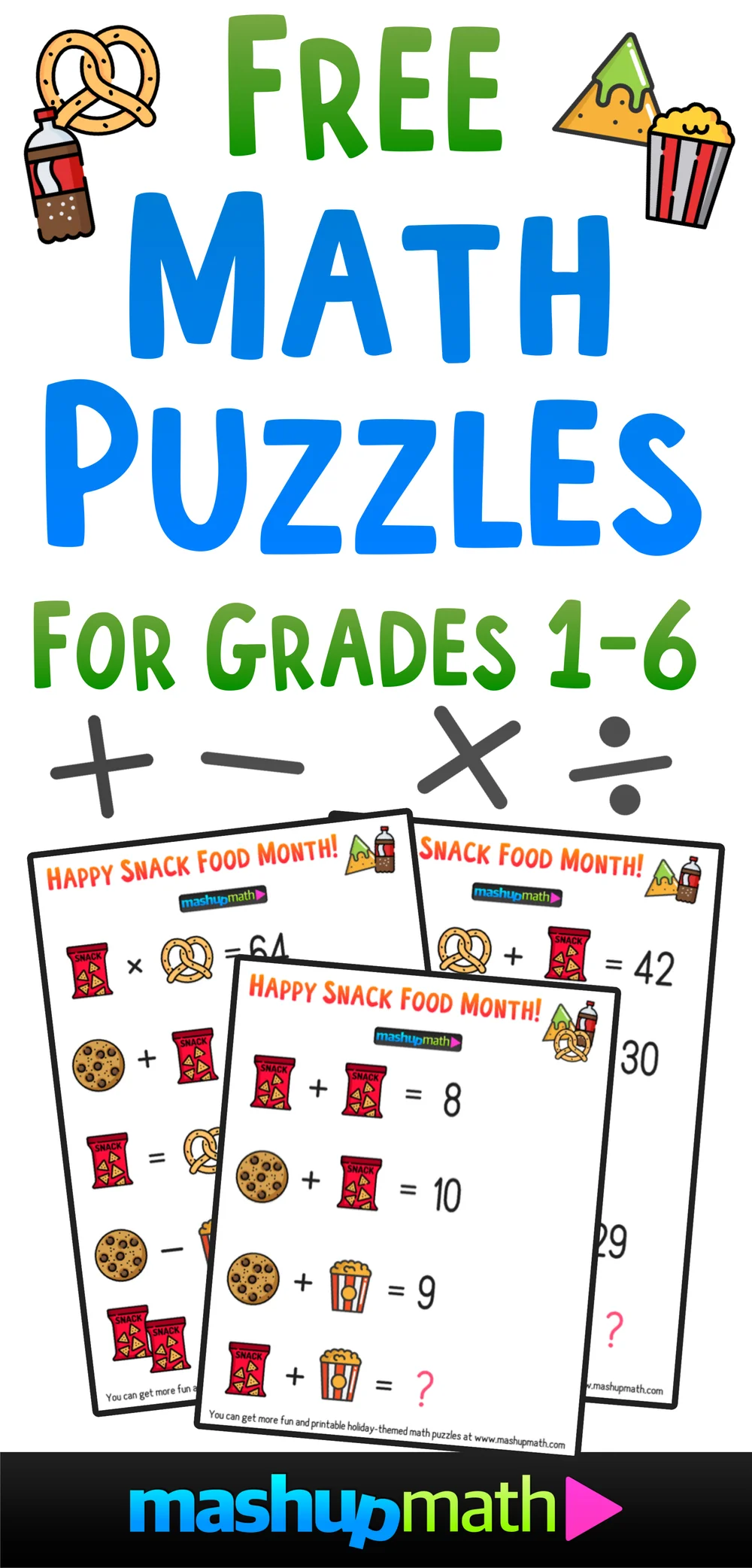 free math brain teaser puzzles for kids in grades 1 6 to celebrate snack food month mashup math